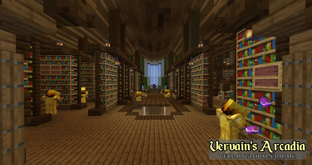 A great library in Vervain's Arcadia SMP, built in the servers early days and still standing today