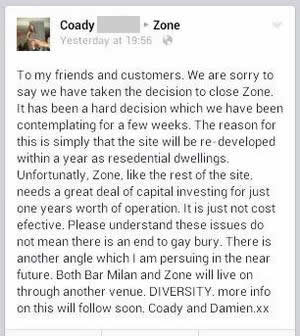 The Facebook post announcing Zone's closure