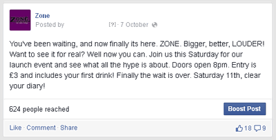Zone's opening night Facebook announcement