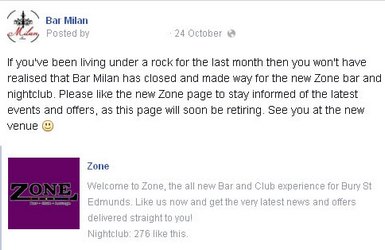 Bar Milan's Facebook page, advising to like the new Zone page