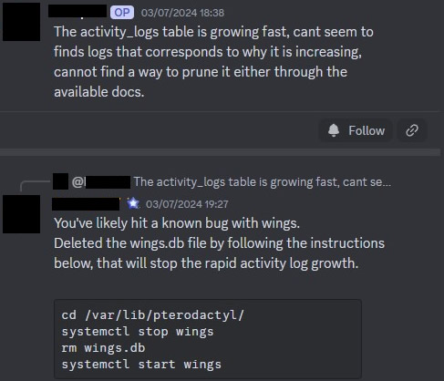 The original comment in the Pterodactyl Discord detailing how to stop the rapid growth of the activity_logs table