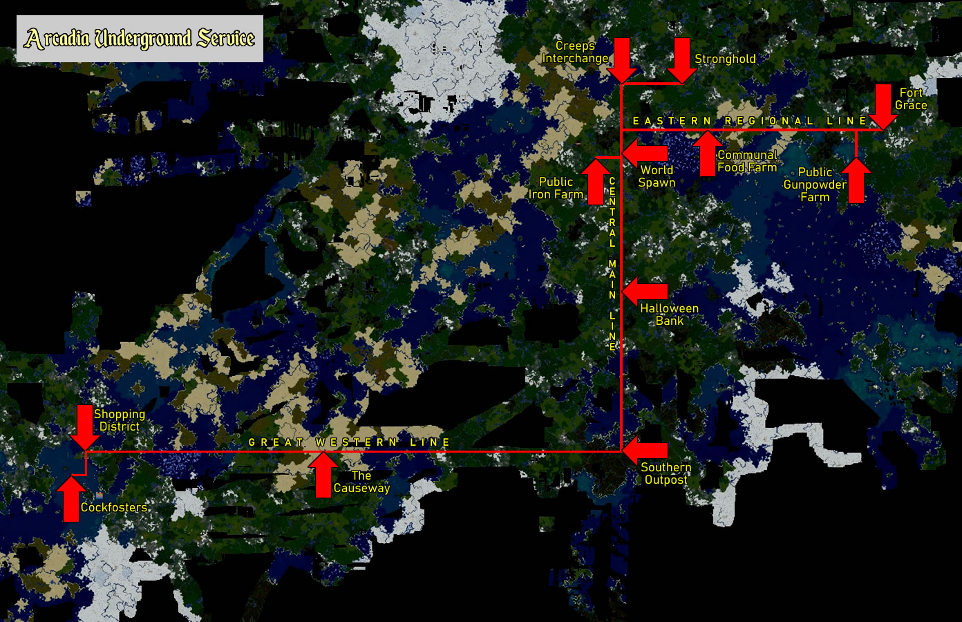 A map, showing all of the currently available stations on the Arcadia Underground