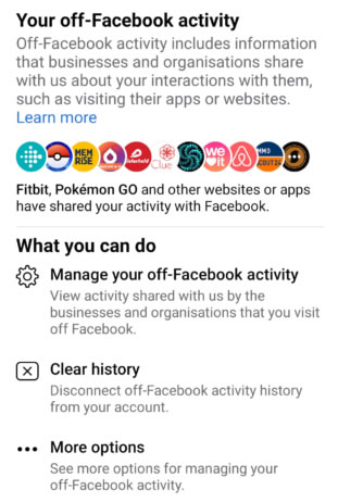 A privacy shortcut in Facebook, which lists every website and app that's reported your activity to them