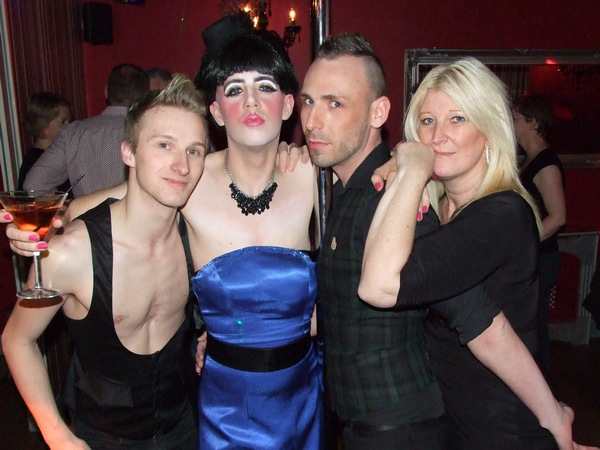 Guest drag. From left to right, Tom, Tess Tickles, Coady and Michele